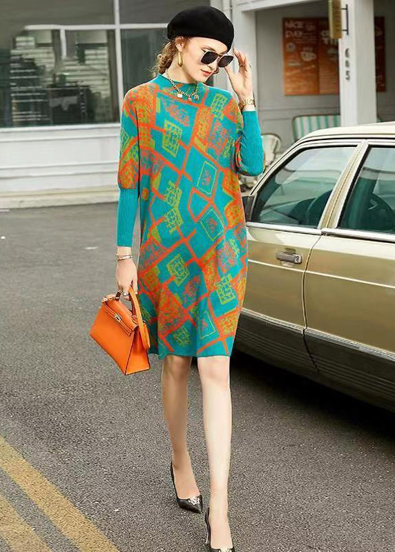 Geometric Pattern Knit Mock Neck Batwing Sleeve Shift Midi Dress - View 3
