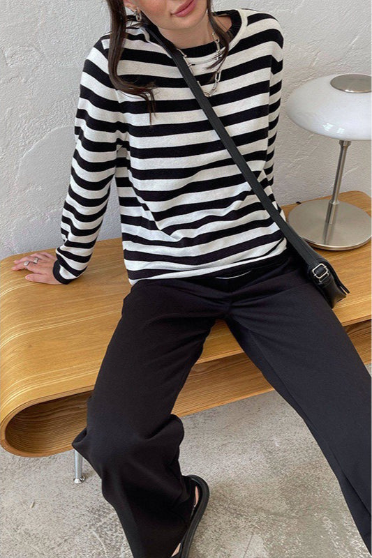 Casual Drop Shoulder Contrast Stripe Knit Sweater 11