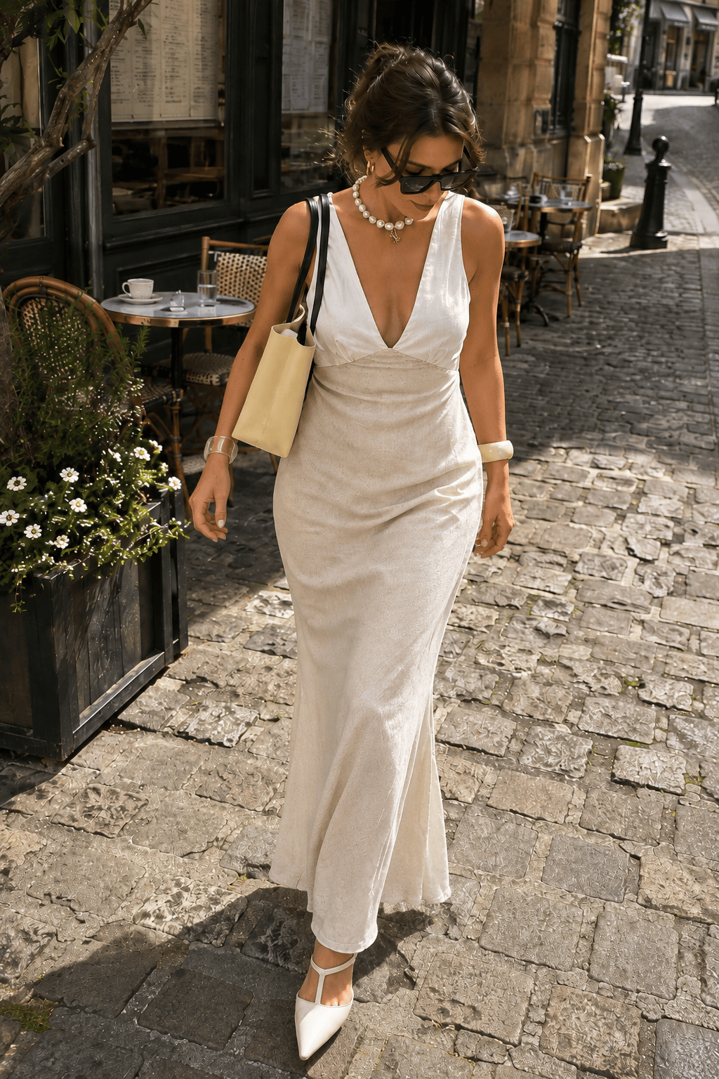 Deep V-Neck Sleeveless Ruched Waist Satin Maxi Dress