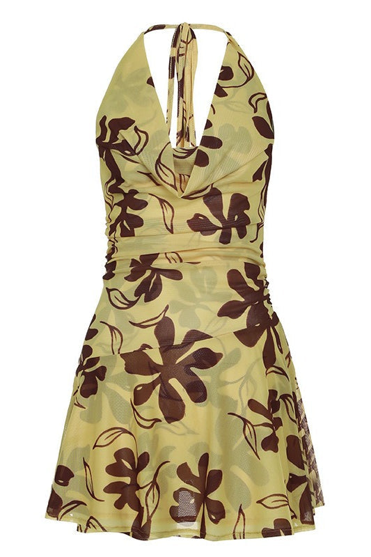 Floral Halter Cowl Neck Ruched Flare Mini Dress