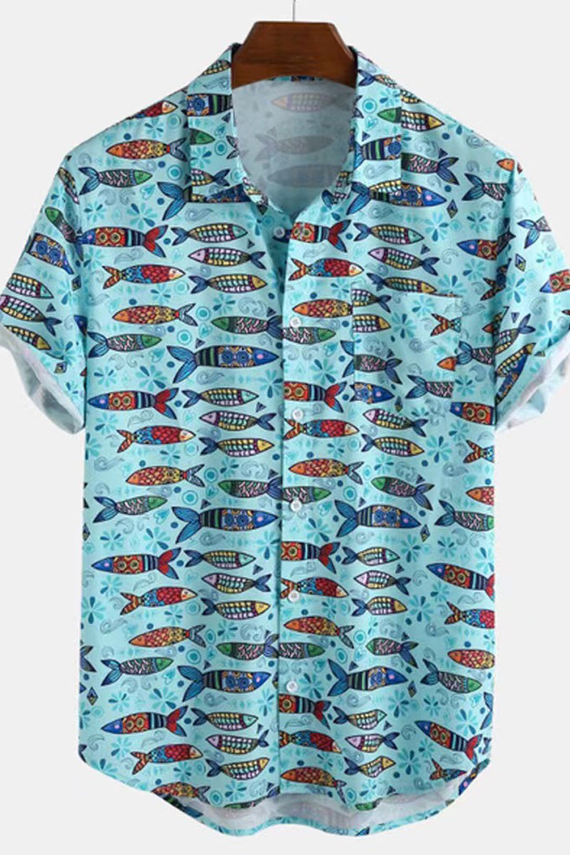 Underwater Animal Print Loose Short-Sleeved Shirt Men's Tops Fashionpara