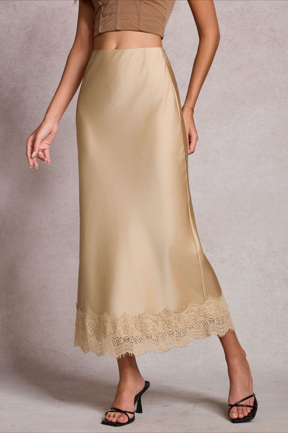 Lace Satin Midi Skirt