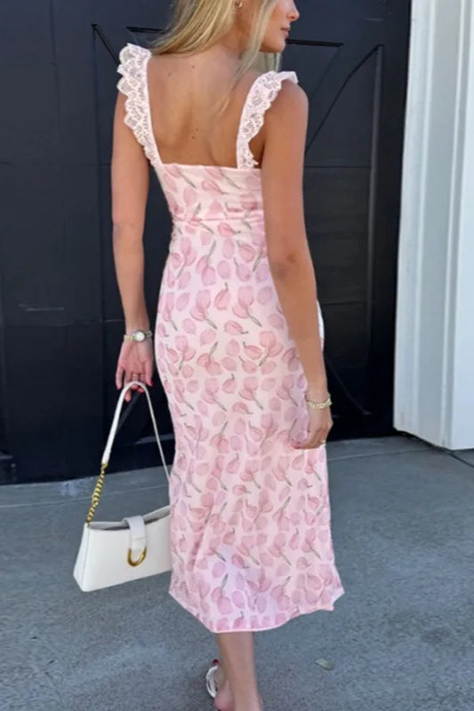 Printed Lace Halter Midi Dress