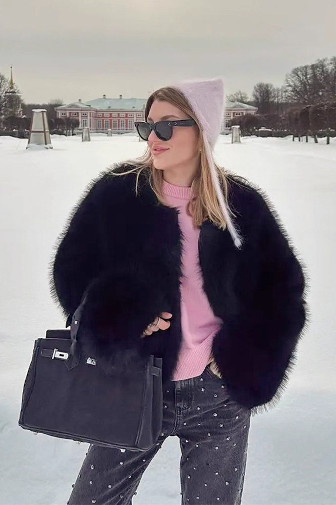 Textured Faux Fur Wide Sleeve Coat - Fashionpara