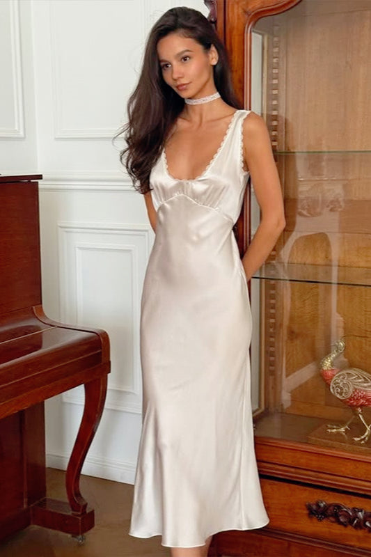 Satin V-Neck Lace Trim Slip Midi Dress