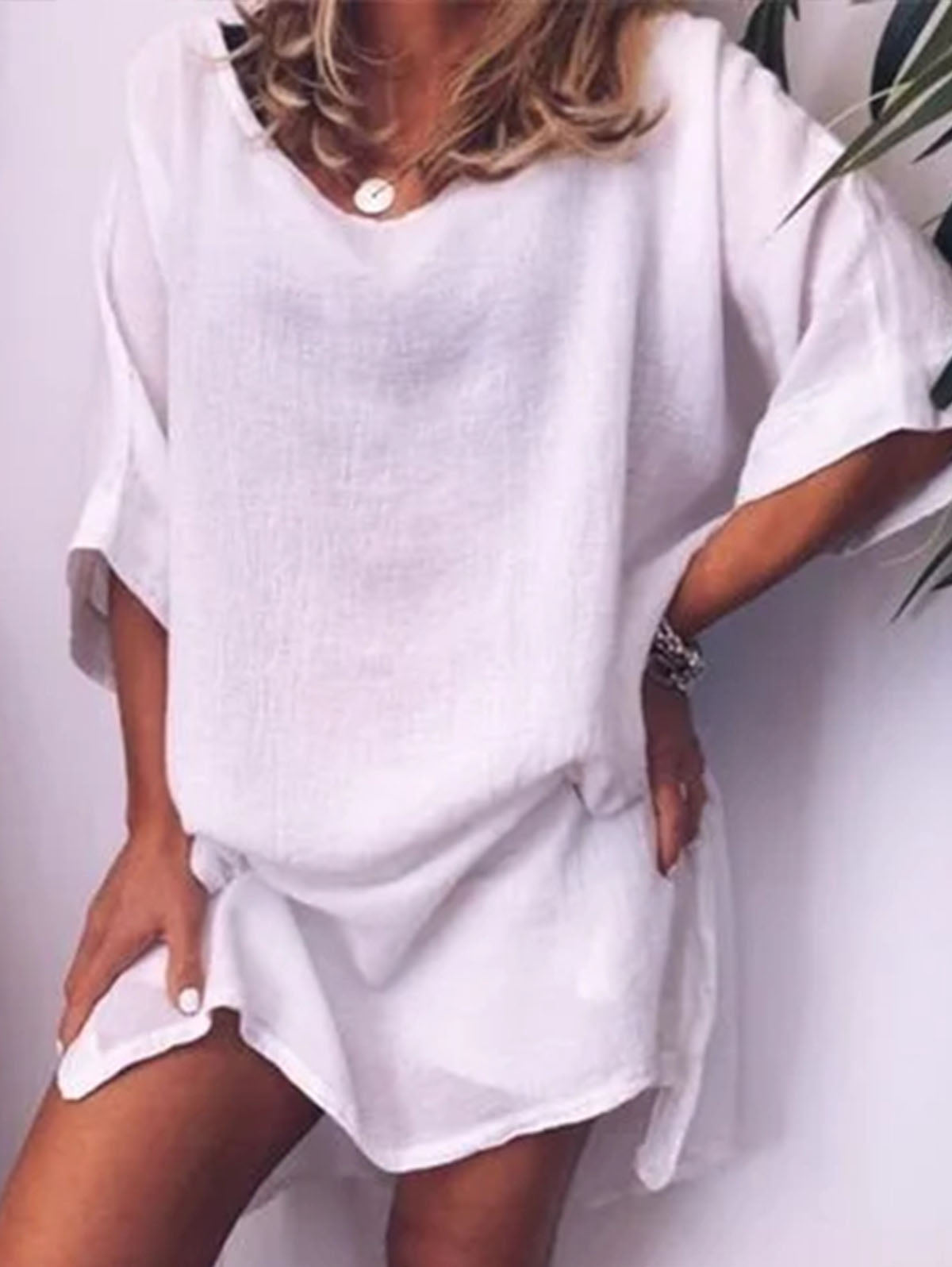 Linen Look Drop Shoulder Round Neck Pocket Relaxed Shift Mini Dress - View 5
