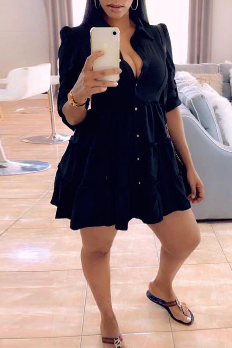 Fashion Casual Solid Turndown Collar Shirt Dress  Fashionpara