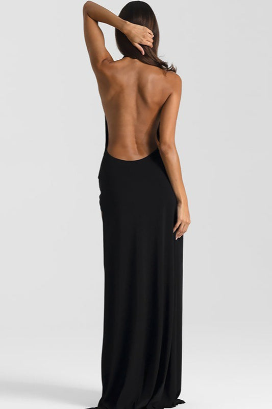 Deep V-Neck Halter Draped Twist High Split Maxi Gown 9
