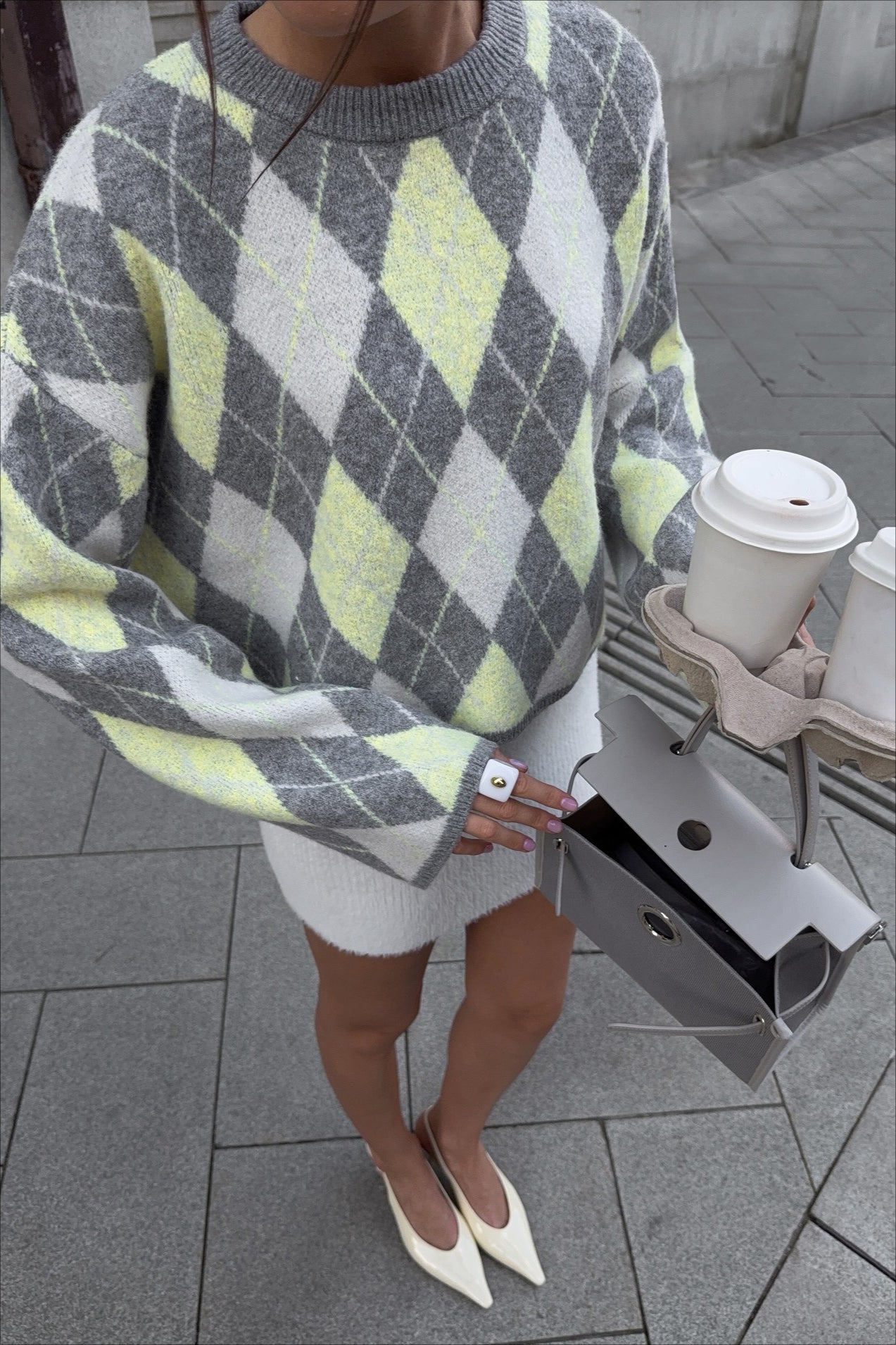 PrincessAce Argyle Knit Green Color Block Crewneck Sweater