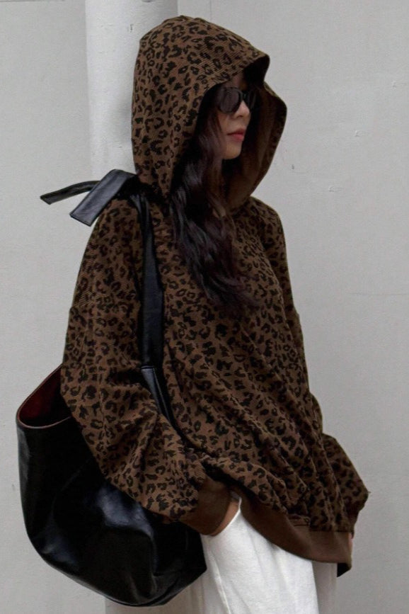 Corduroy Leopard Print Hoodie - Fashionpara