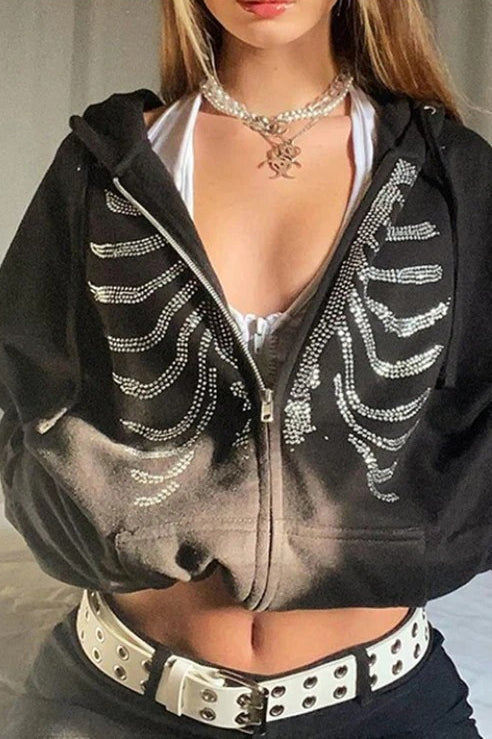 Street Style Rhinestone Skull Hoodie