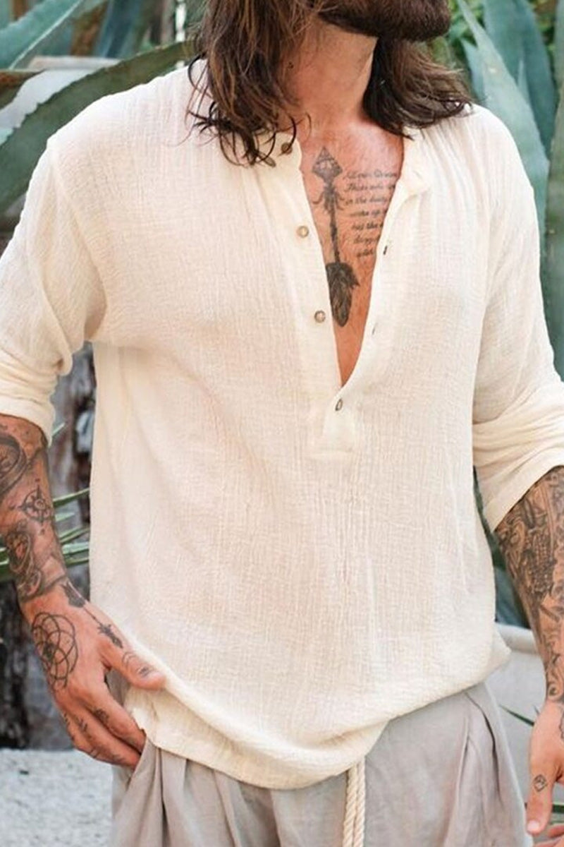 Men's V-neck Cotton And Linen Beach Casual Shirt  Fashionpara