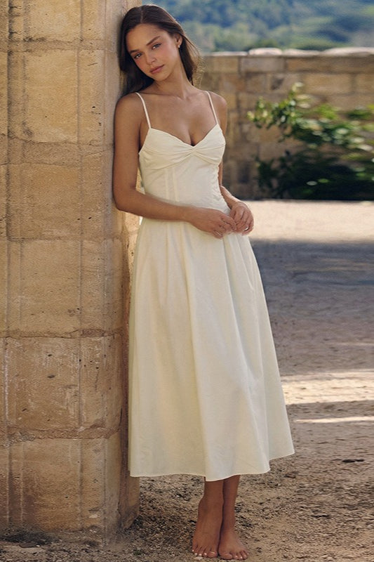 Sweetheart Spaghetti Strap Twist-Front A-Line Midi Dress