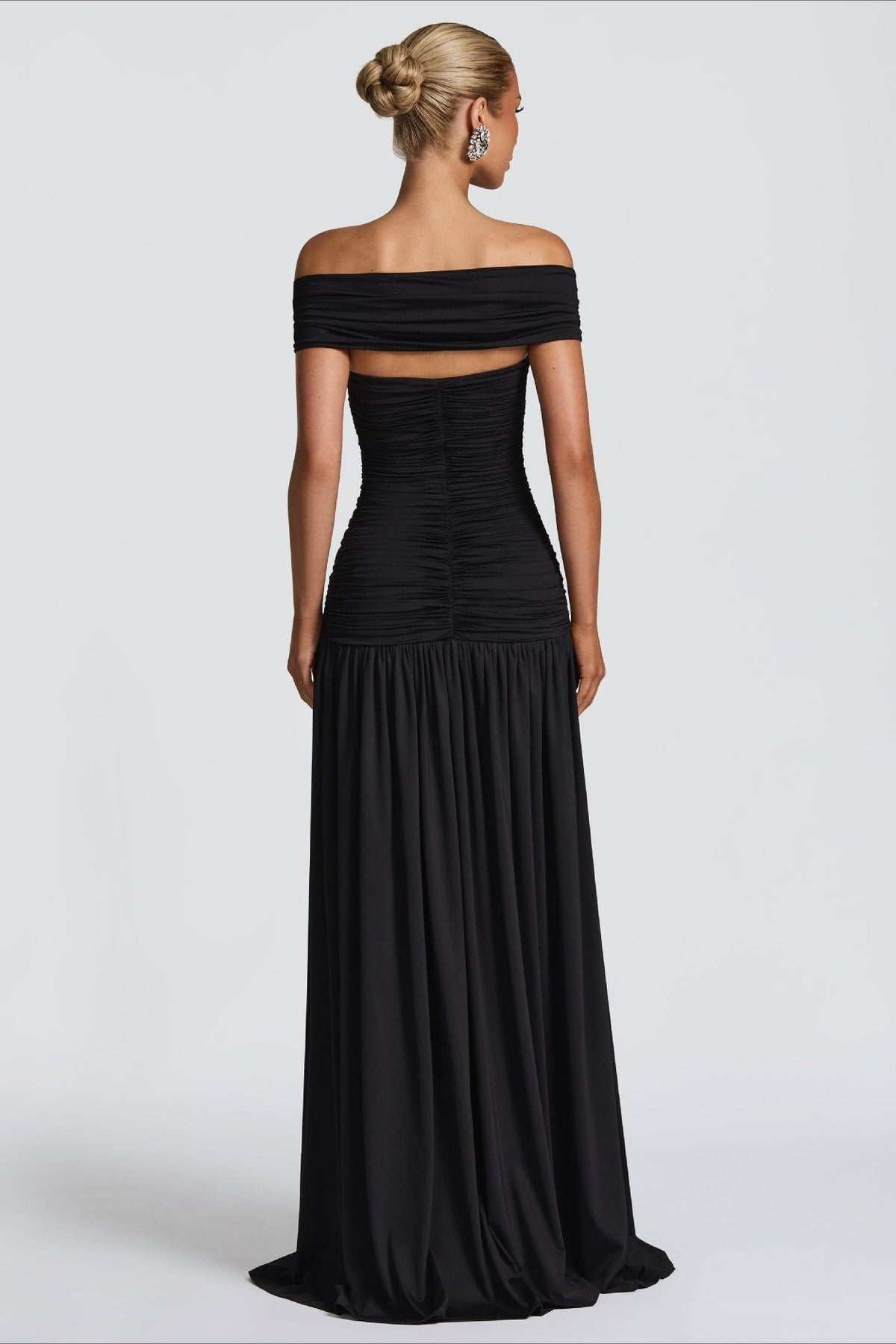 Off Shoulder Ruched Cut Out High Split A-Line Maxi Gown - View 3