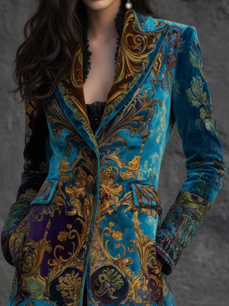 Vintage Boho Teal Baroque Velvet Coat - Fashionpara