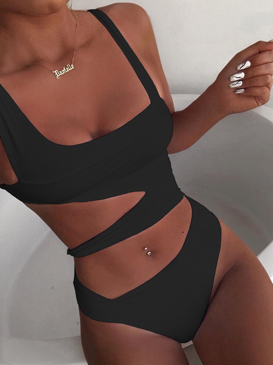 Solid Cut Out One-piece Swimsuit - Fashionpara