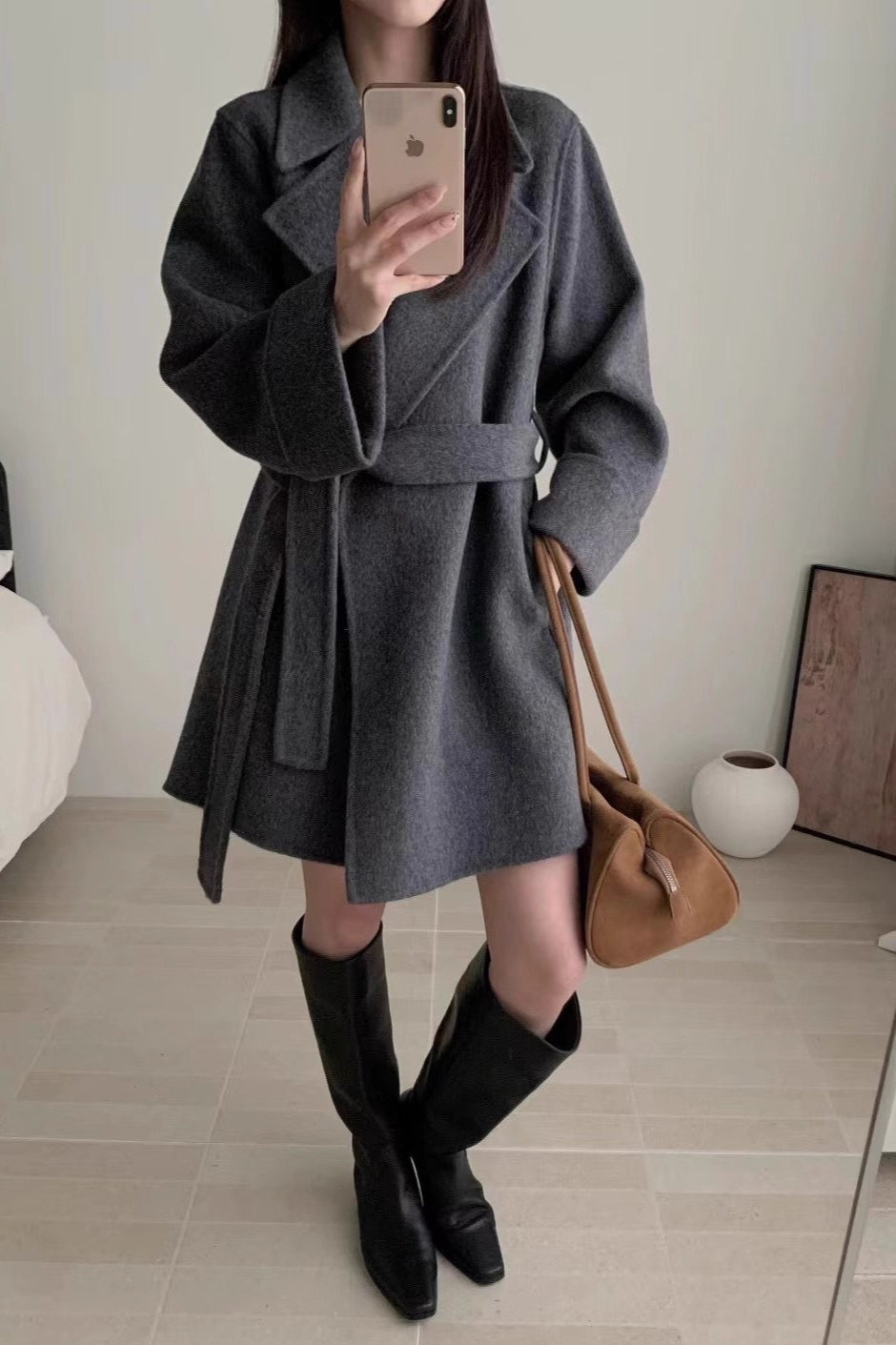 Double-Face Wool Long Hepburn Coat for Elegant Style
