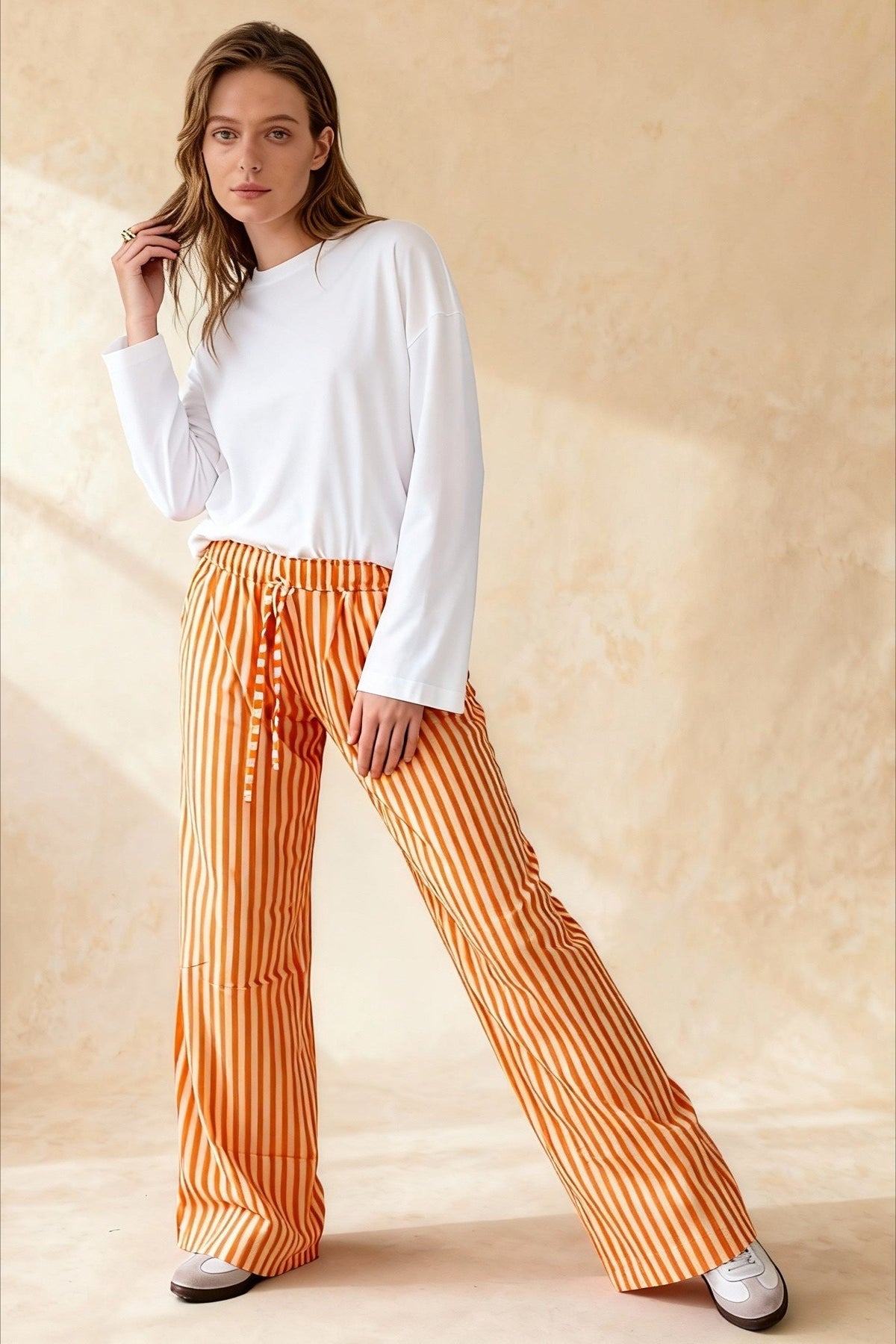 Retro Striped Button High Waist Straight Pant