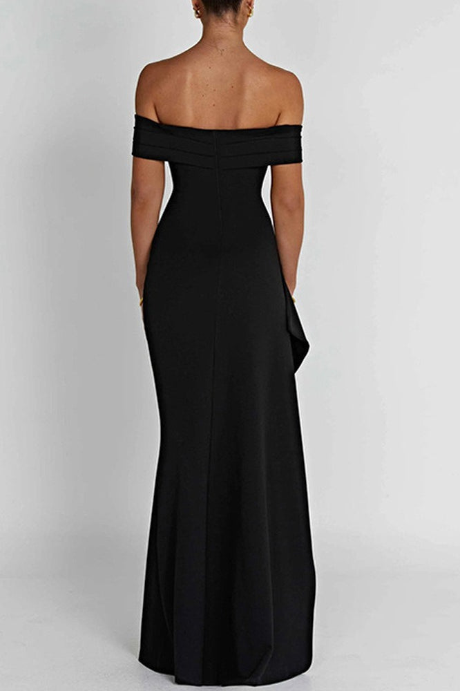 Off Shoulder Ruched High Split Mermaid Maxi Dress in Pink - View 7