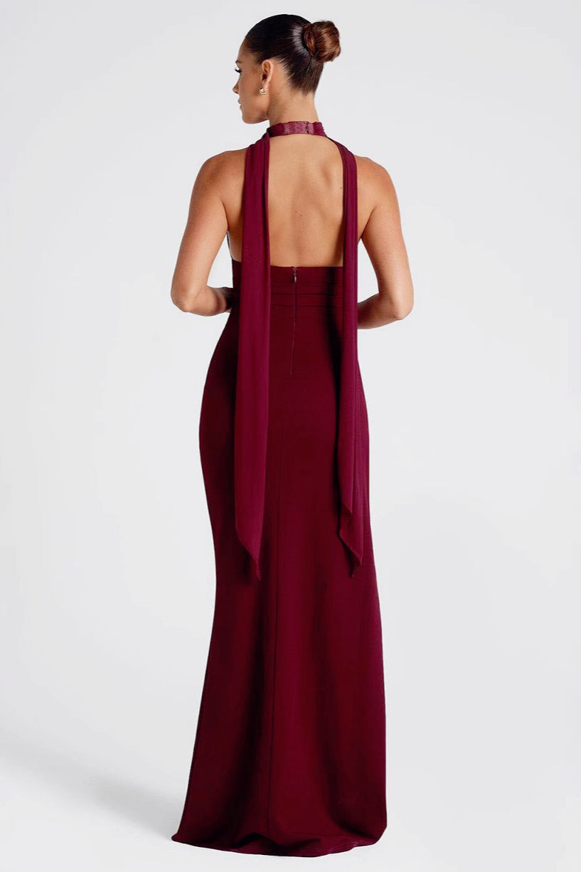 Halter Neck Plunge Ruched High-Slit Maxi Gown