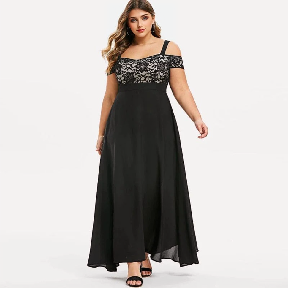 Floral Lace Cold-Shoulder Empire Waist Chiffon Maxi Dress 9