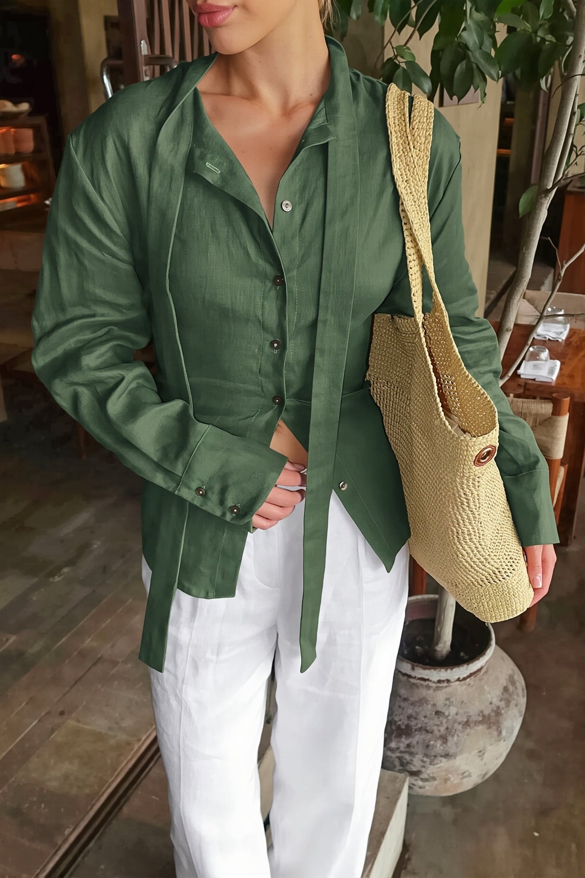 Scarf Tie Collared Button Blouse