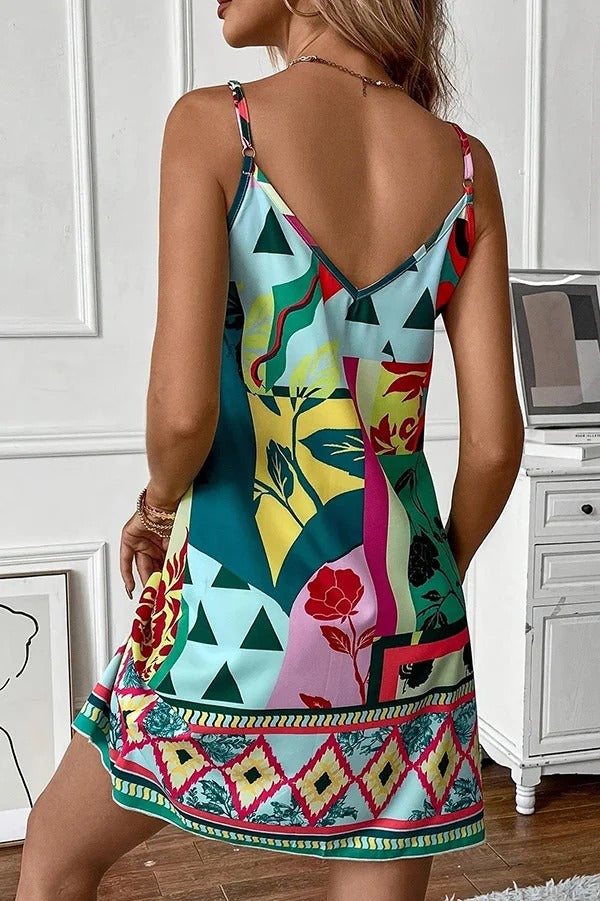 Unique Print Sexy Suspender V-Neck Loose Mini Dress - Fashionpara