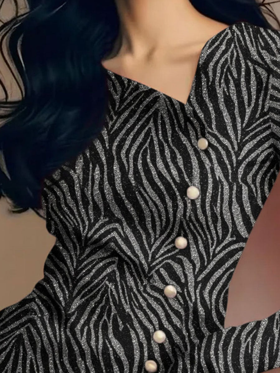 Elegant Asymmetric Button-Up Glitter Zebra Pattern Blouse - Fashionpara