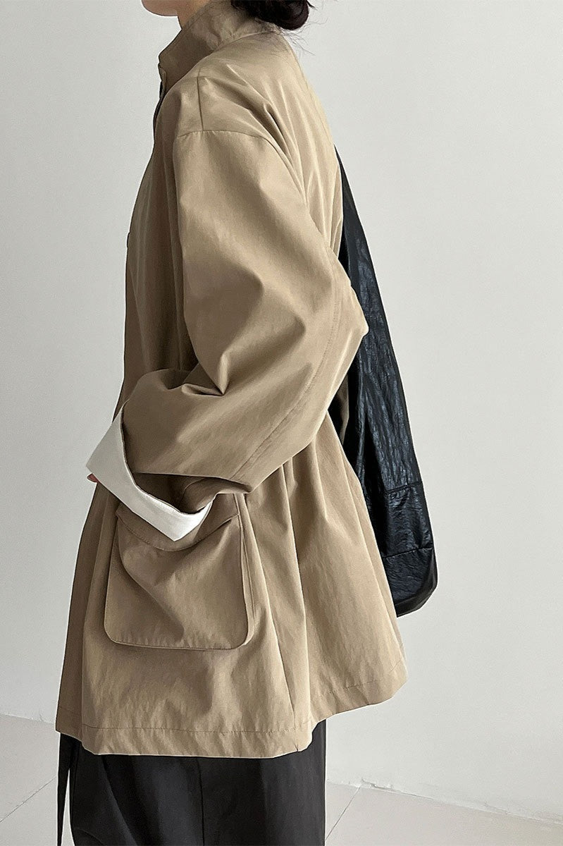 Pocketed Loose Drawstring Trench Coat - Fashionpara