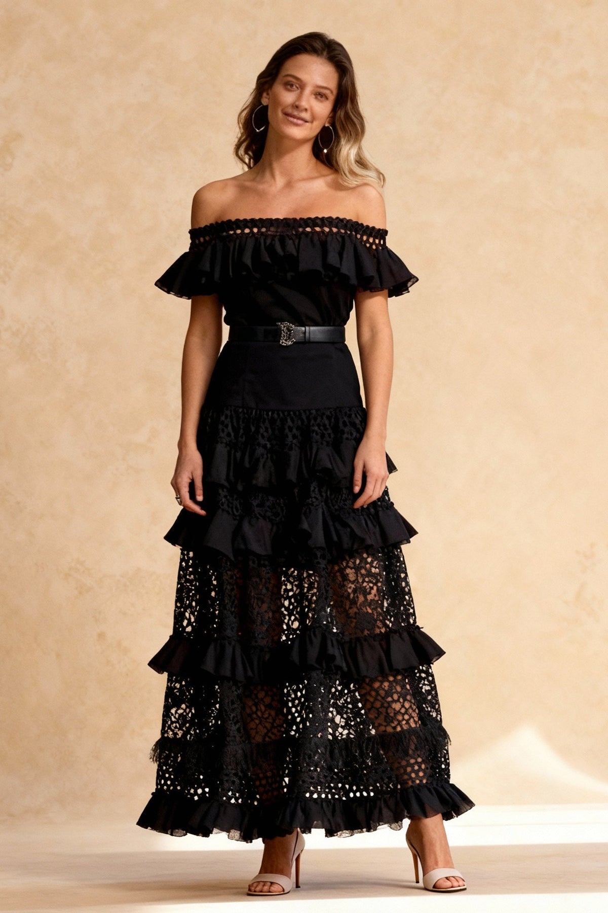 One-Shoulder Ruffled Hollow Swing Graceful Lace Patchwork Long Dress