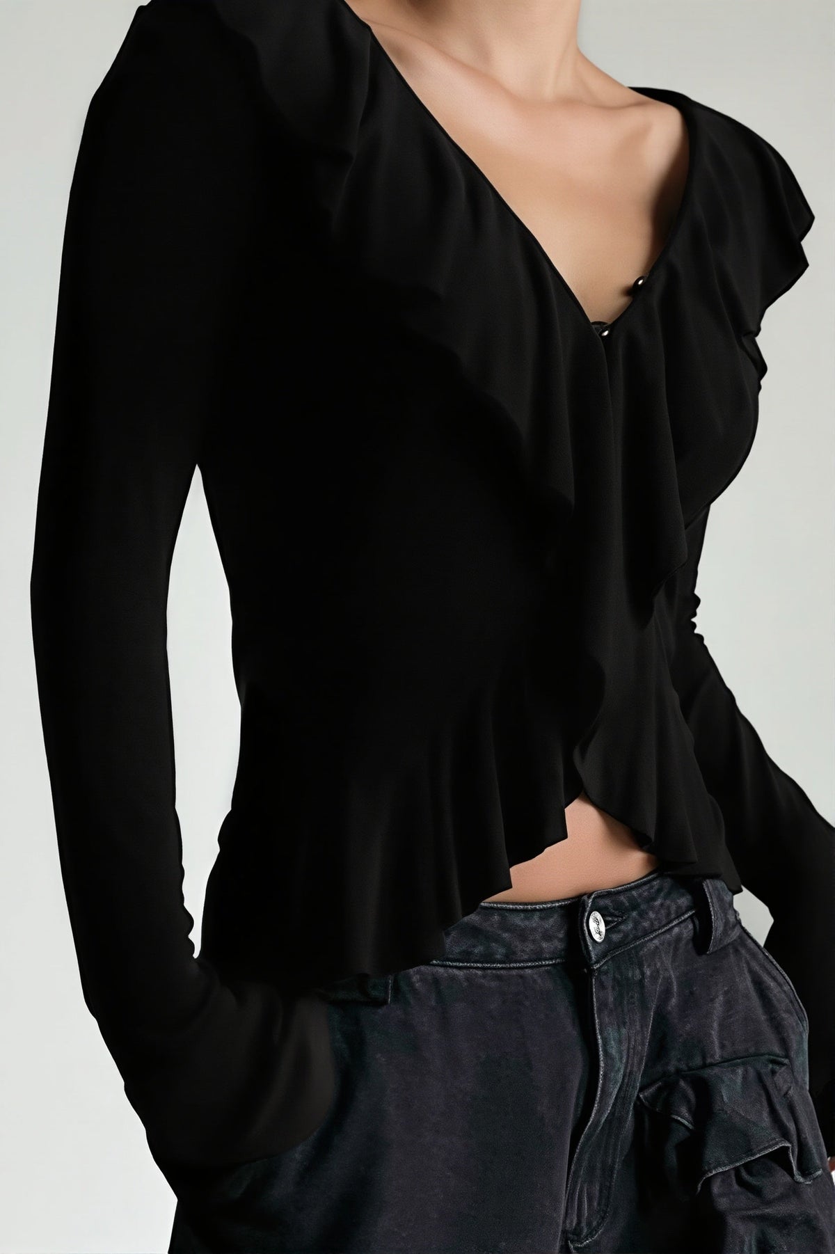Ruffle Trim Long Sleeve Blouse