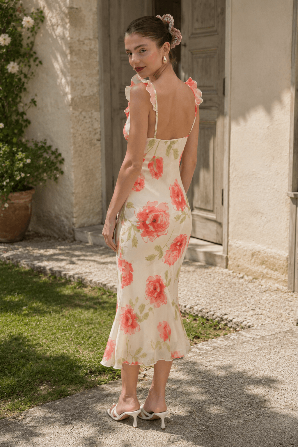 Floral V-Neck Ruffle Tie Front Bias Cut Midi Dress 3