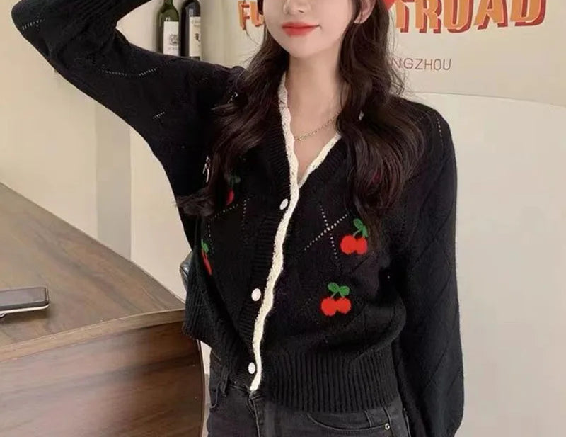 Sweet Cherry Button-Up Patchwork Knit Cardigan