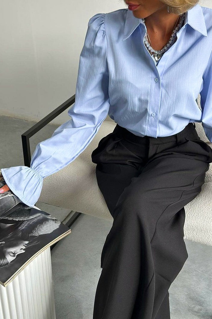 Blue Flare Sleeve Collared Blouse