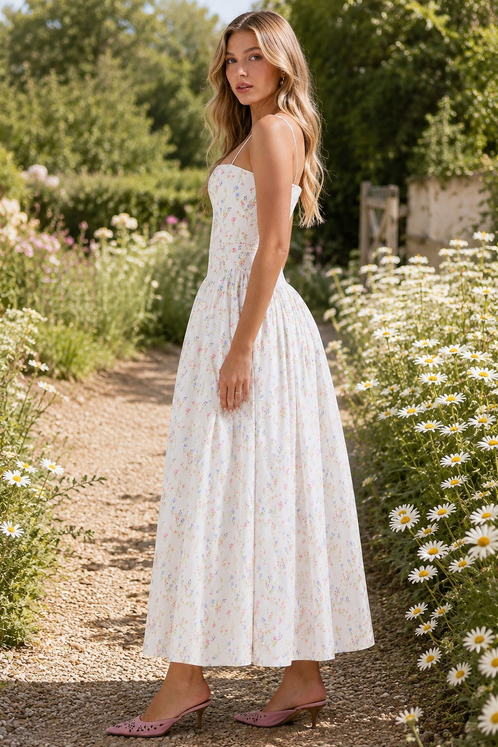 Square Neck Floral Corset Bodice Full Skirt Midi Dress 3