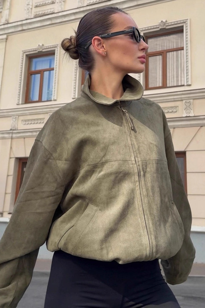 Green Suede Lapel Casual Jacket