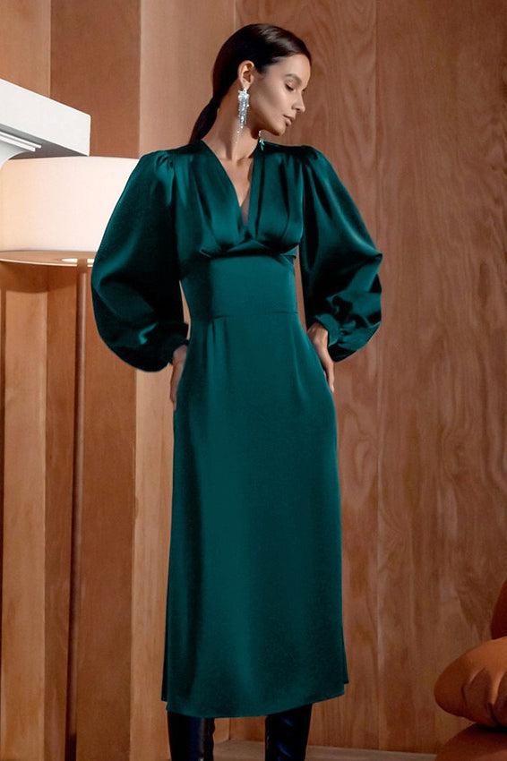 Luxury Satin Puff Sleeve Red Mermaid Midi Formal Dress