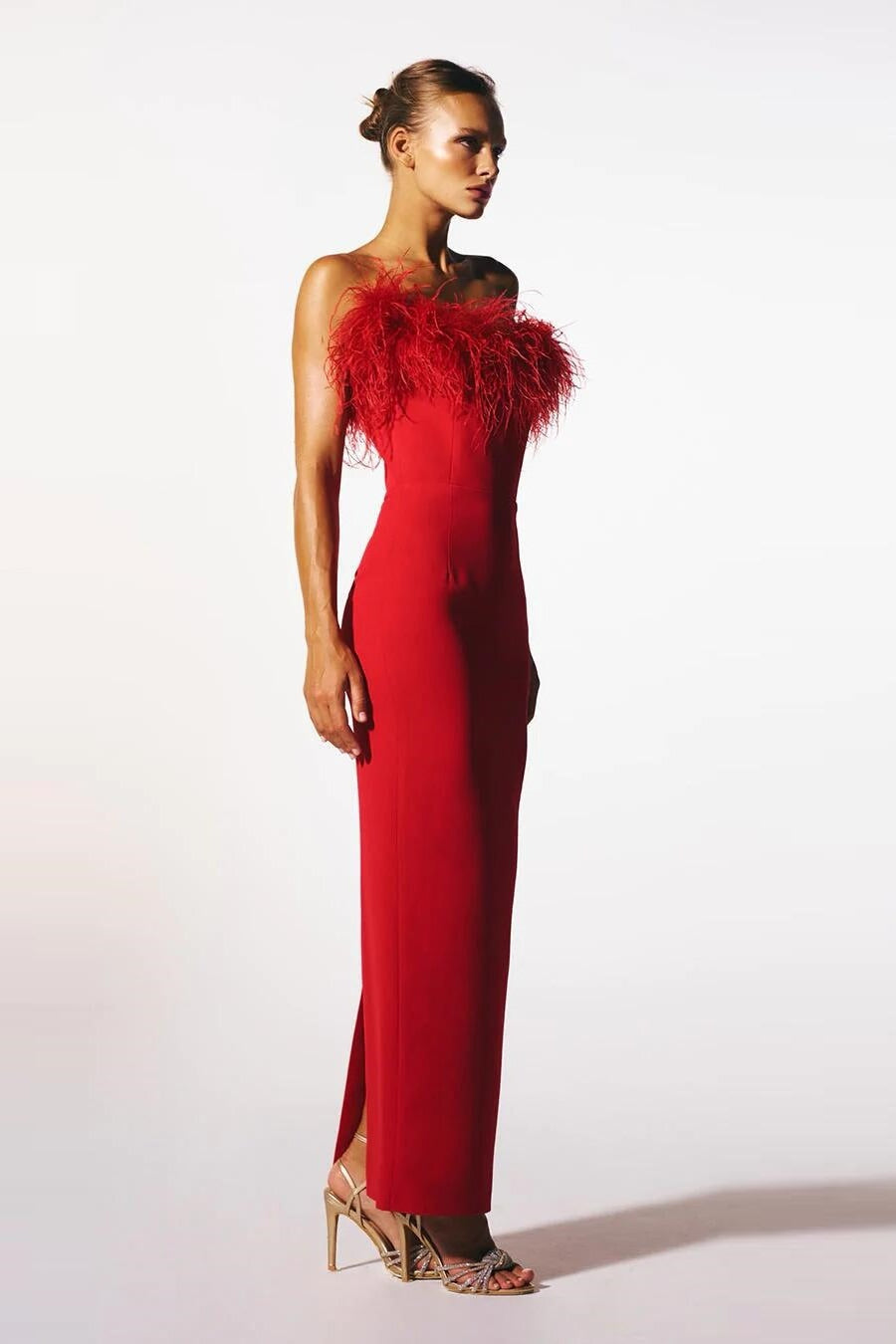 Feather Trim Off Shoulder Column Maxi Dress 6