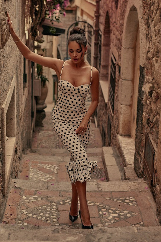 Polka Dot Satin Cowl Neck Ruffle Hem Midi Dress 4