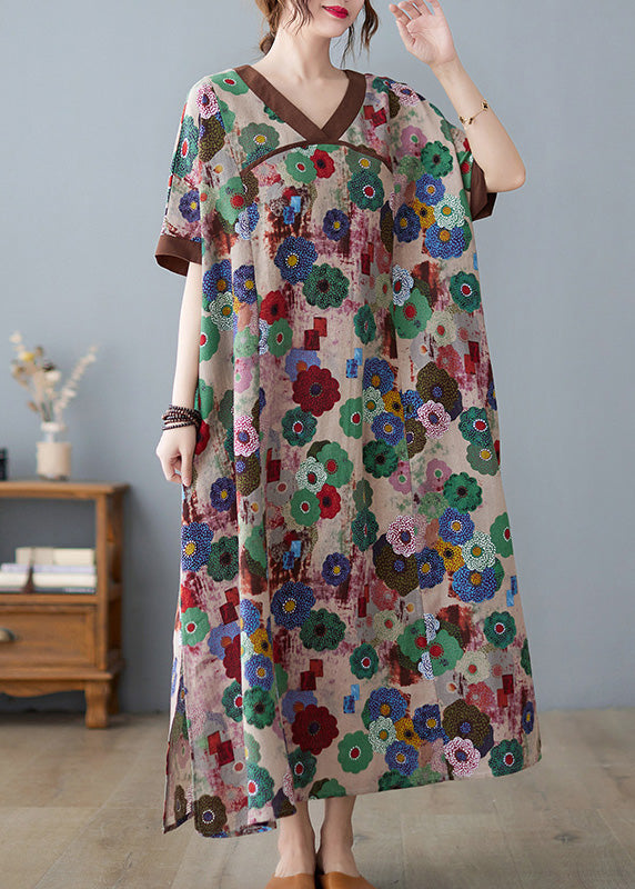 Floral Print V-Neck Contrast Trim Short Sleeve Pocket Maxi Dress - View 3
