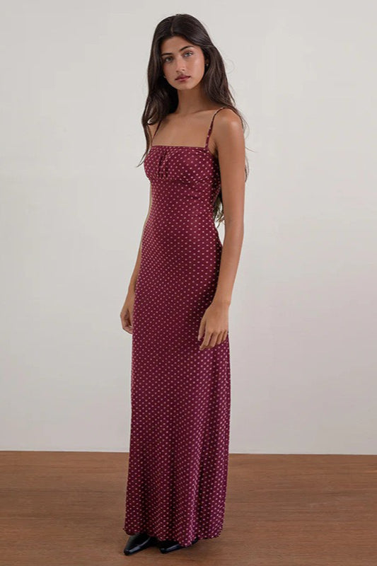 Polka Dot Square Neck Bodycon Slip Maxi Dress