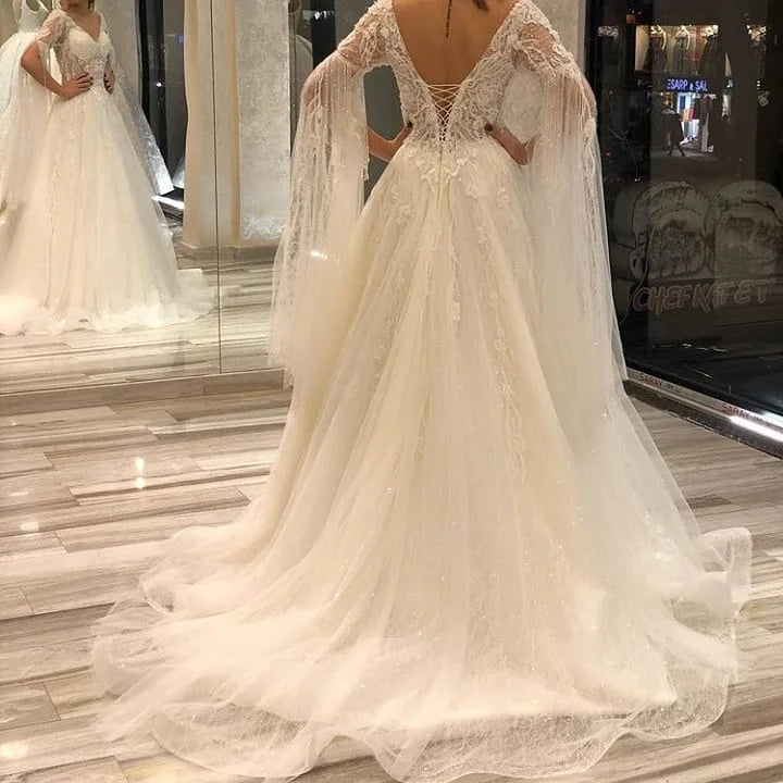 A-Line Deep V-neck Short Sleeves Backless Floor-length Wedding Dress With Appliques Lace Pearl