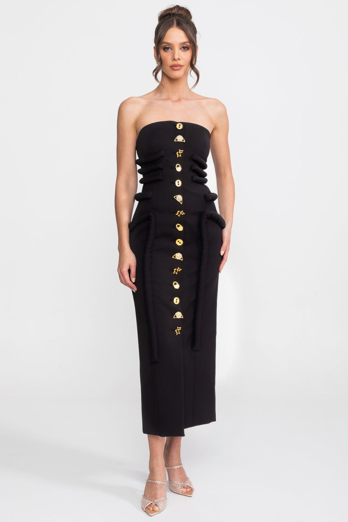 Strapless Jewel Button Padded Panel Column Midi Dress