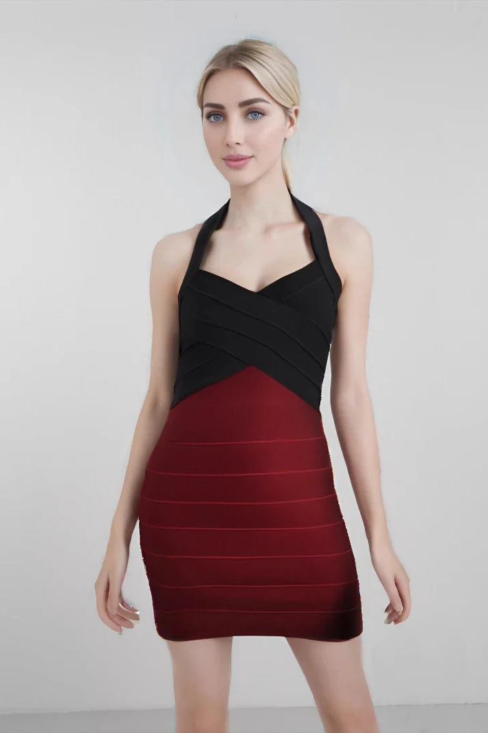 Red Black Colorblock Tight Bandage Party Dress - Fashionpara