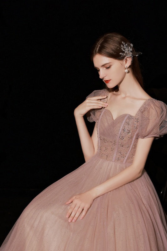 Square Neck Puff Sleeve Glitter Tulle A-Line Prom Gown - View 2