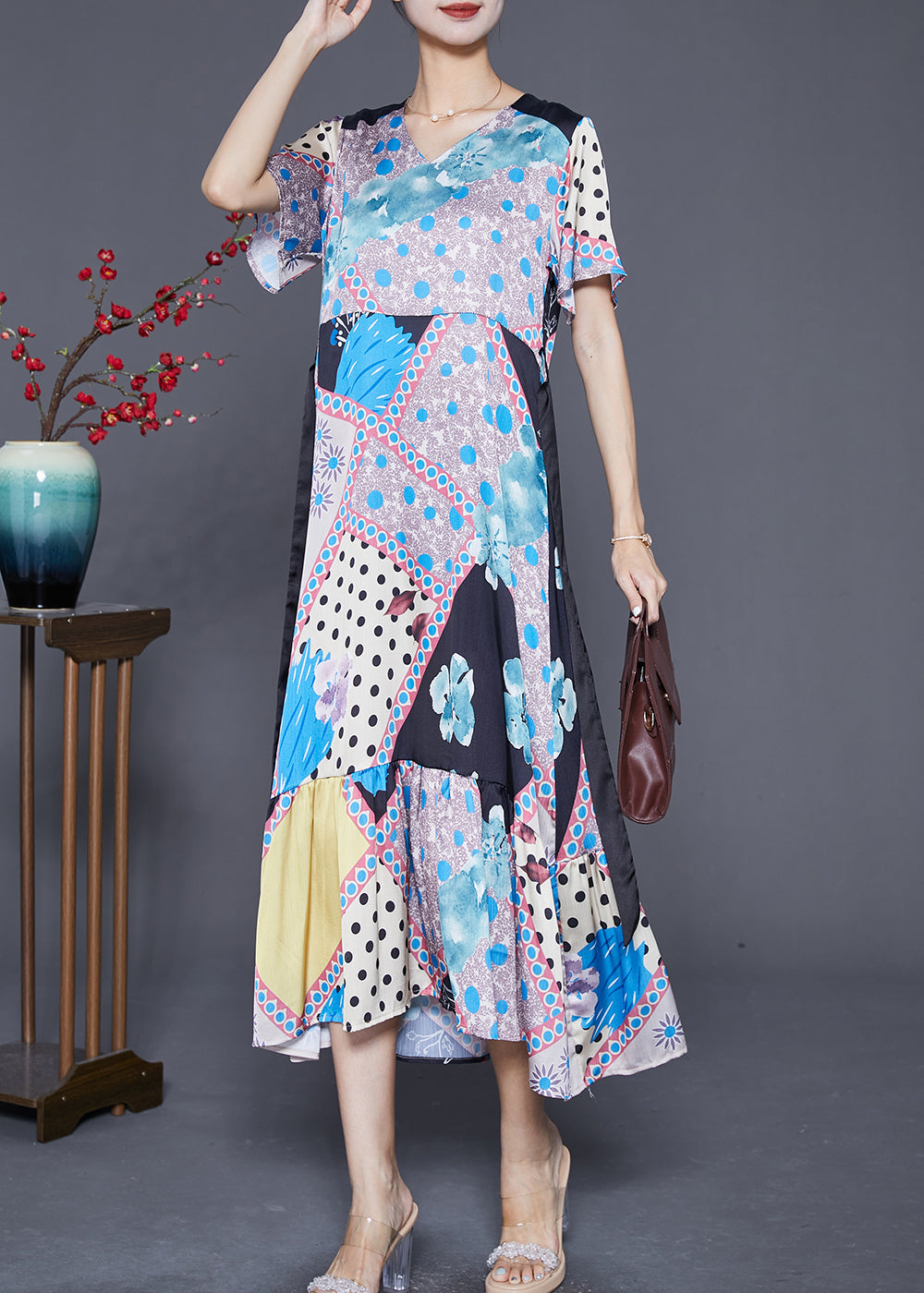Patchwork Print V-Neck Short Sleeve Tie Ribbon Waist Midi Dress - View 2
