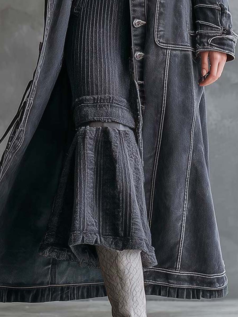 Vintage Washed Grey Denim Coat With Faux Fur Collar - Fashionpara