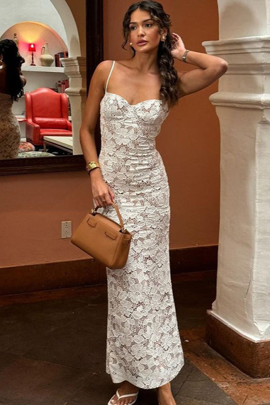 Floral Lace Sweetheart Spaghetti Strap Bodycon Maxi Dress