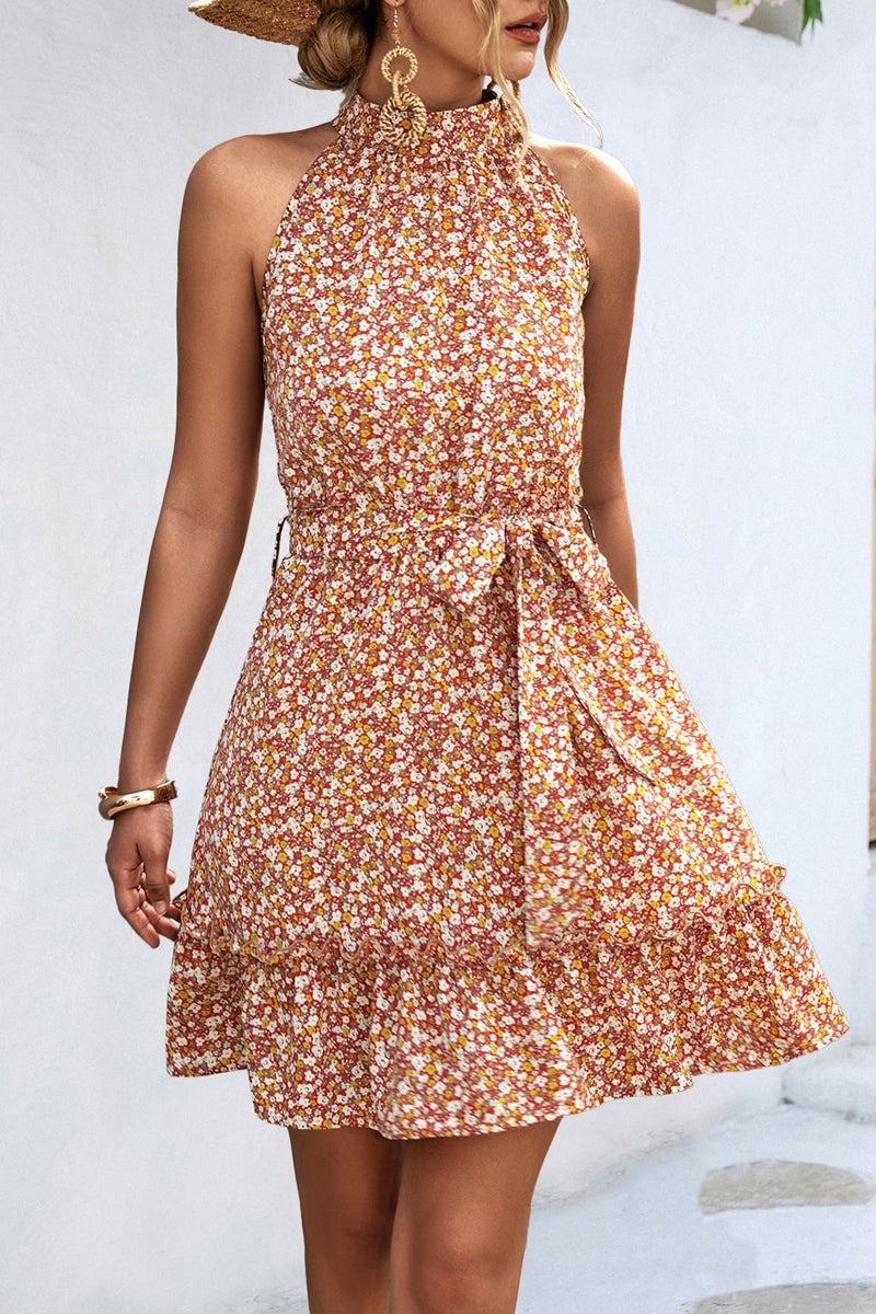 Floral High Neck lace-up Mini Dress - Fashionpara