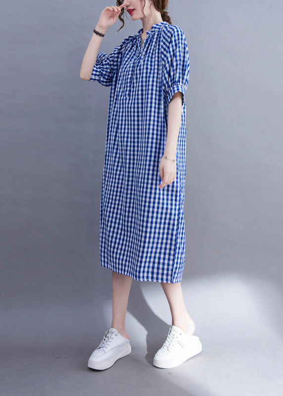 Gingham Check Mandarin Collar V-Neck Half Sleeve A-Line Midi Dress - View 4